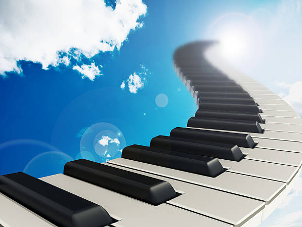 Curved music keyboard leading up to the sky.