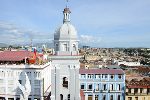 Santiago de Cuba, Cuba - 13 january 2016: Bell tower of Nuestra Senora de la Asuncion Cathedral in Santiago de Cuba, Cuba