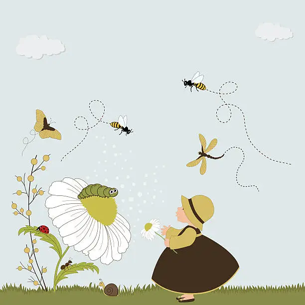 Vector illustration of Cute girl in garden with chamomile and insects