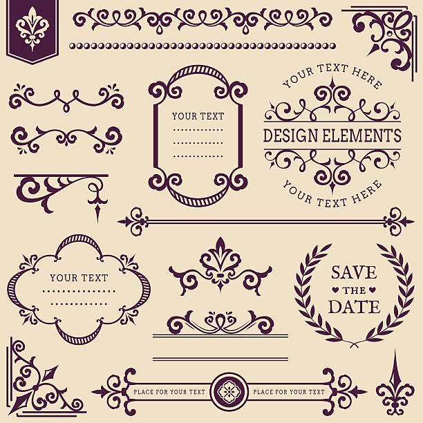 Vector vintage design elements. Set of vintage decorations isolated on clean background. Collection of text deviders, frames, page or web decorations, corners, vignettes, wreath and other design elements. Vector illustration. dingbat stock illustrations