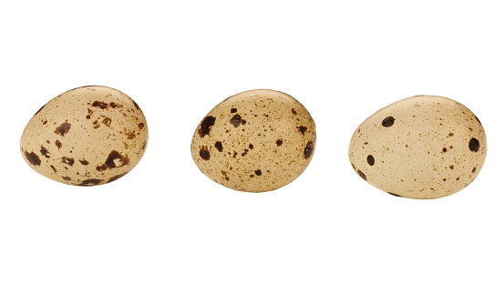 Three quail eggs isolated at white background
