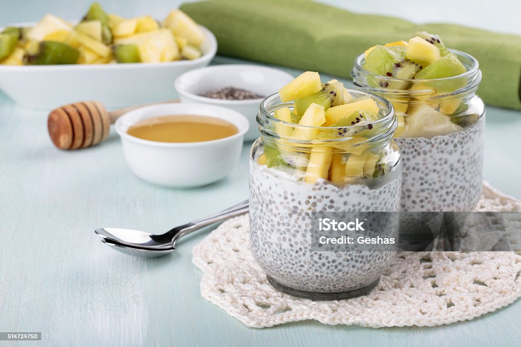 Chia seed pudding with fruits Chia seed pudding with fruits (kiwi, mango, pineapple). Healthy food. Antioxidant Stock Photo