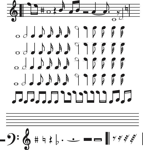 Musical set notes Many notes of music in black and white pentagram stock illustrations