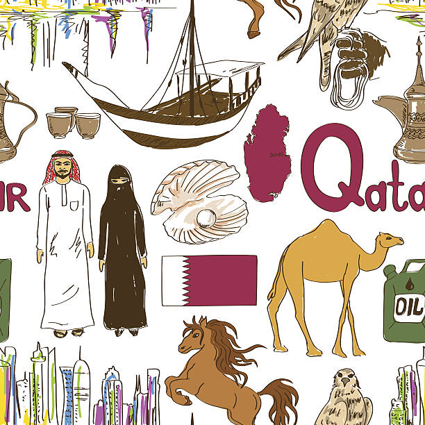 Sketch Qatar seamless pattern Fun colorful sketch Qatar seamless pattern dhow stock illustrations
