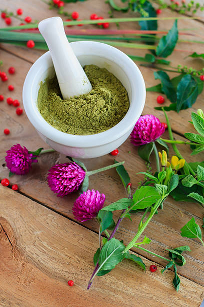 istock Fresh herbs powder in the mortar, alternative medicine 514726458