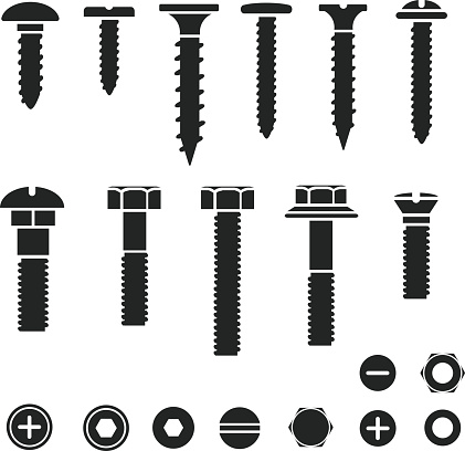 Silhouettes of wall bolts, nuts and screws black icons