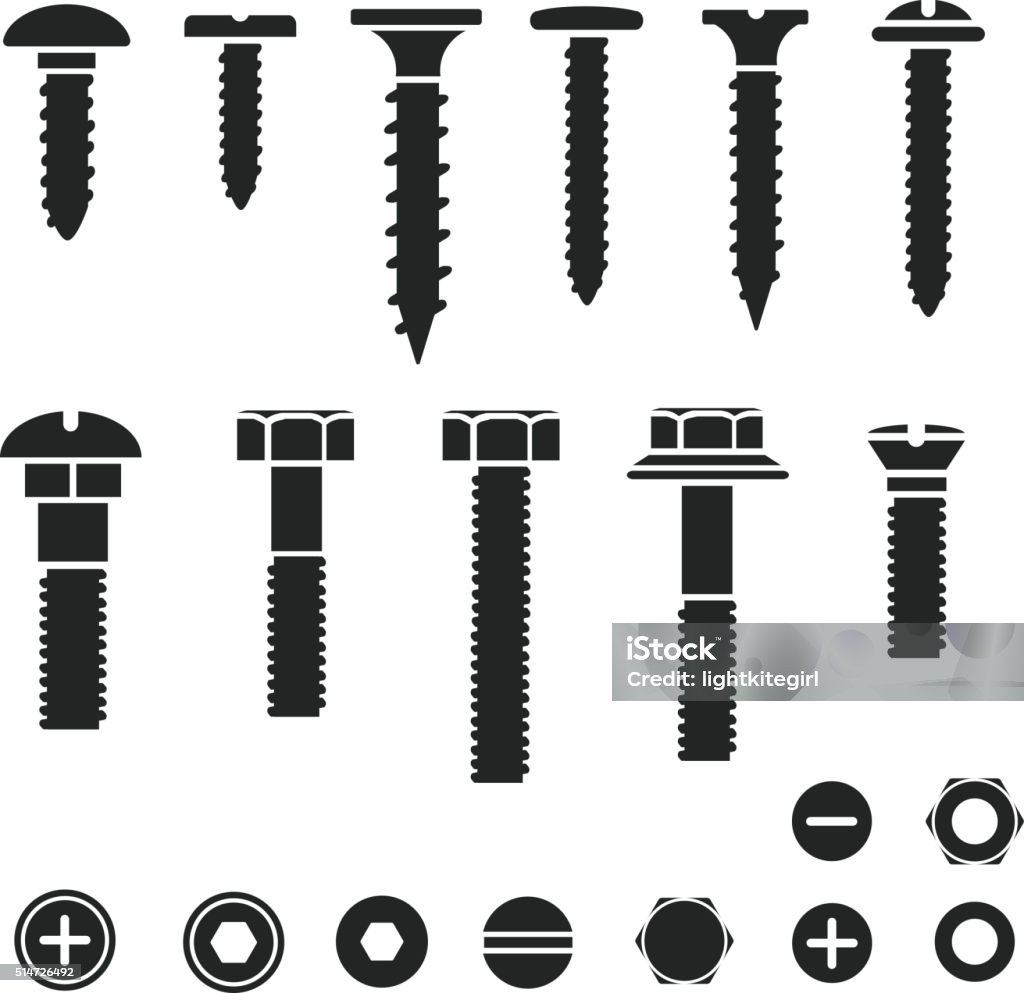 Silhouettes of wall bolts, nuts and screws Silhouettes of wall bolts, nuts and screws black icons Screw stock vector
