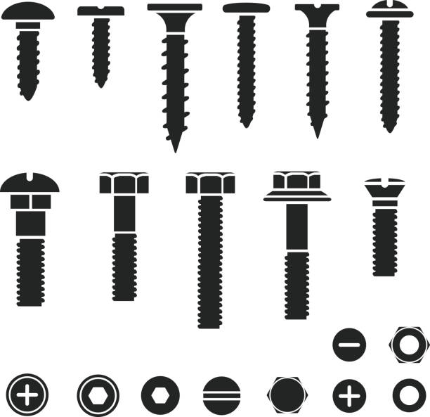 Silhouettes of wall bolts, nuts and screws Silhouettes of wall bolts, nuts and screws black icons rivet work tool stock illustrations