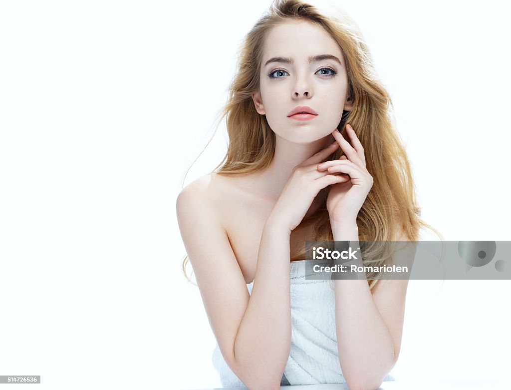 Beautiful girl with beautiful makeup Beautiful girl with beautiful makeup, youth and skin care concept / photo of attractive blonde girl on white background Appearance Stock Photo