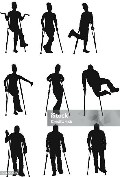 People On Crunches Stock Illustration - Download Image Now - In Silhouette, Crutch, Disability