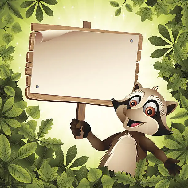 Vector illustration of Raccoon Character holding a Wooden Sign