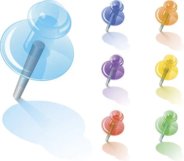 Vector illustration of Transperent thumbtacks in seven different colors