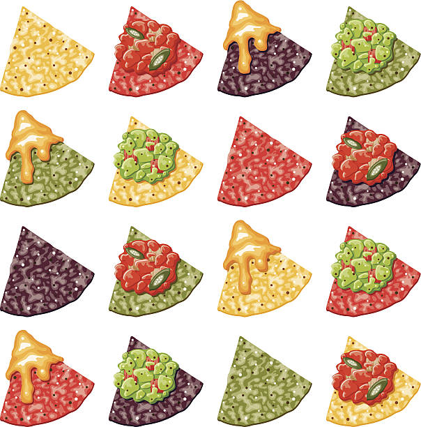 Multicolor Nacho Corn Chip Icons With Toppings Multicolored corn nacho chips with different toppings: Guacamole, salsa, and nacho cheese. No gradients or transparencies used. nacho chip stock illustrations