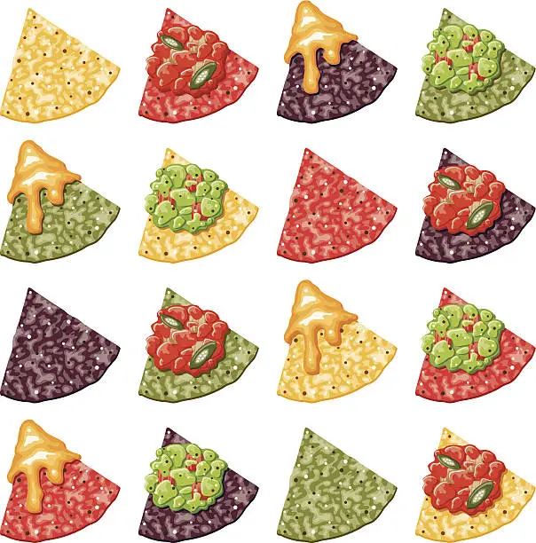 Vector illustration of Multicolor Nacho Corn Chip Icons With Toppings