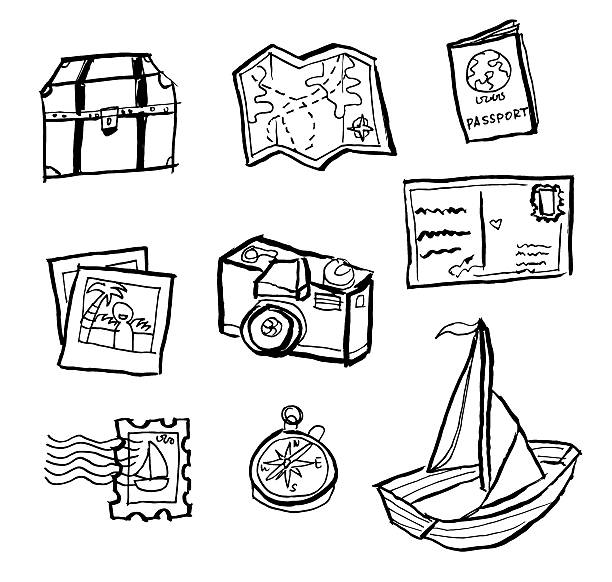 Travel doodle drawings A set of travel-themed drawings: luggage trunk, map, passport, polaroid pictures, camera, postcard, stamp, compass, sailboat. Vacation, holiday, and tourism concept. doodle photos stock illustrations