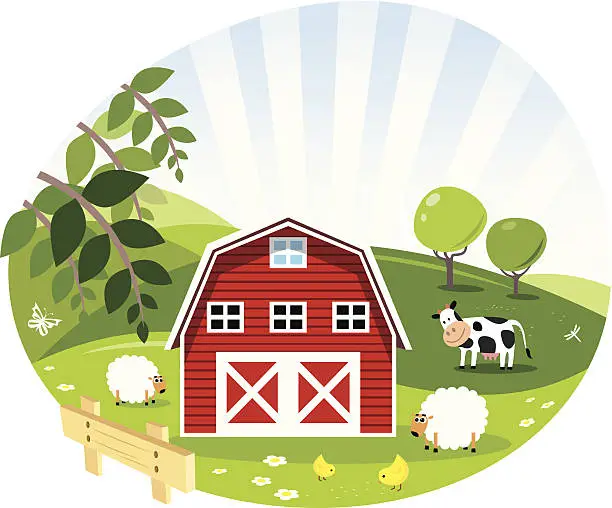 Vector illustration of Red Barn- Green Farm- Illustration