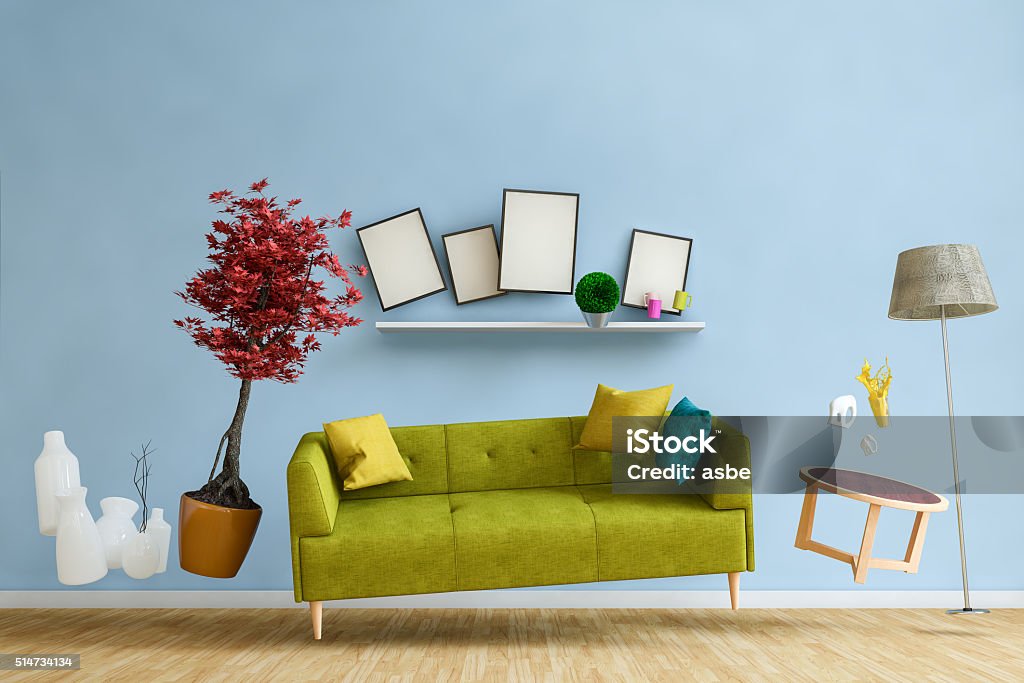 Gravity Weightless furnitures flying in a living room Furniture Stock Photo