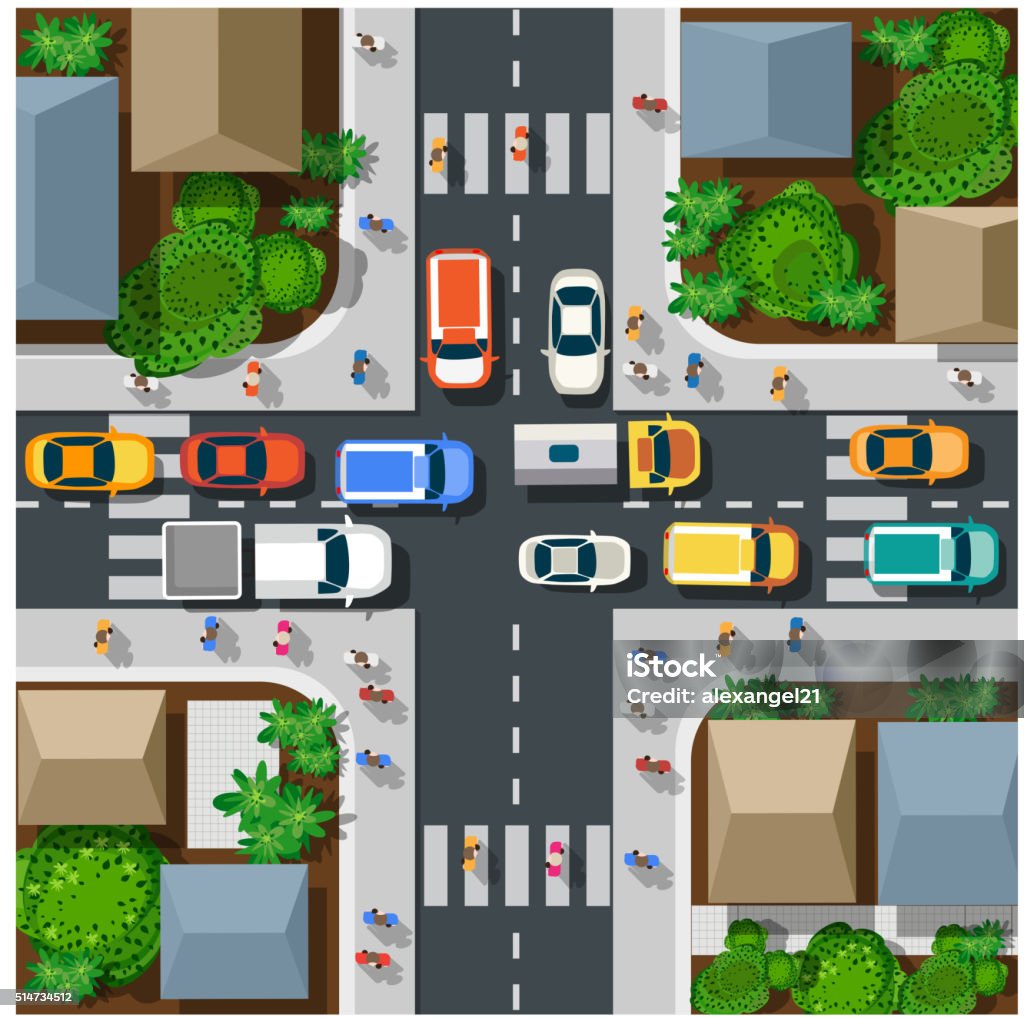 Top view of urban Top view of the city. Top view of urban crossroads with cars and houses. Crossroad stock vector