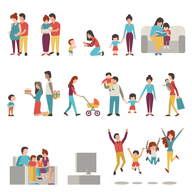 Parents with kids Vector illustration character set of parents, mother, father with kids. Family, pregnant, holding baby, learning to walk, go shopping, give birthday cake and present, jumping in happiness. happy family shopping stock illustrations