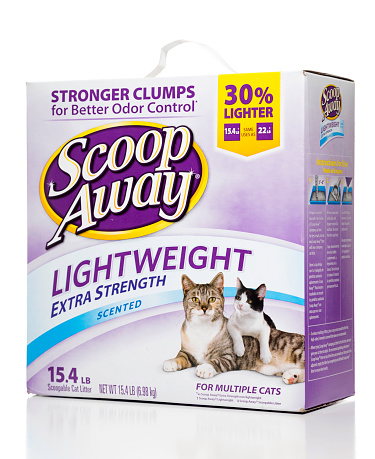 Miami, USA - February 13, 2016: Scoop Away lightweight extra strenght scented 15.4 lb cat litter box. Scoop Away brand is owned by The Clorox Pet Products Company.