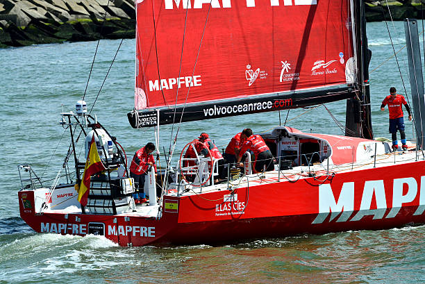Scheveningen,the Netherlands - June 20,2015:Spanish Mapfre with captain Iker Martinez and Xabi Fernandez will leave the port of Scheveningen and follow the Volvo Ocean Race