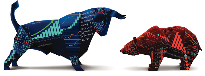 Bull and bear shapes look like made of origami paper with symbols of stock market trends on them. Vector illustration.