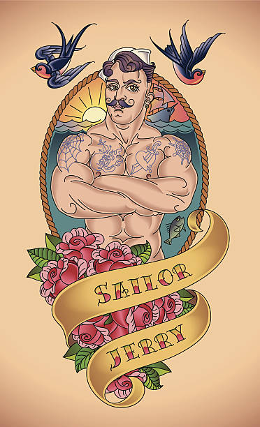 Handsome Sailor Tattoo Old-school tattoo of a handsome sailor with a rope frame and bunch of red roses. Editable vector illustration. vintage sailor stock illustrations