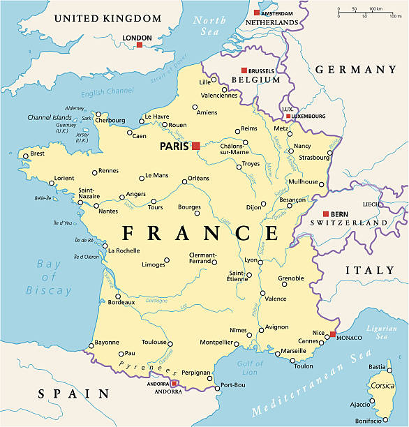France Political Map France Political Map with capital Paris, national borders, most important cities and rivers. English labeling and scaling. Illustration. brest brittany stock illustrations