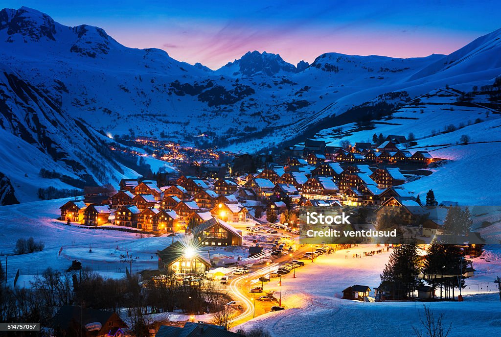 Saint-Jean d'Arves, alps, France Evening landscape and ski resort in French Alps,Saint jean d'Arves, France Apres-Ski Stock Photo