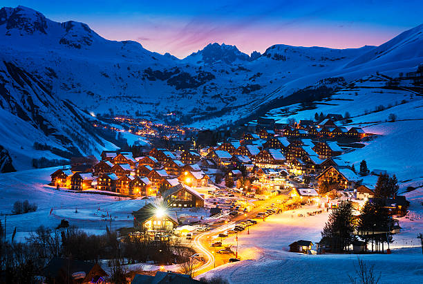 Saint-Jean d'Arves, alps, France Evening landscape and ski resort in French Alps,Saint jean d'Arves, France apres ski stock pictures, royalty-free photos & images