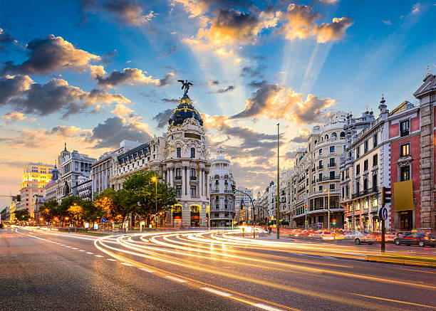 Madrid Spain on Gran Via Madrid, Spain cityscape at Calle de Alcala and Gran Via. in spanish stock pictures, royalty-free photos & images