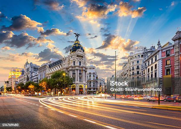 Madrid Spain On Gran Via Stock Photo - Download Image Now - Madrid, Spain, City