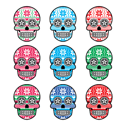 Vector icons set of sugar skull - Nordic style isolated on white 