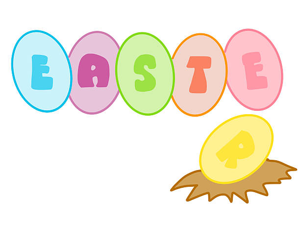 coloridos huevos con texto'easter' - easter text single word paint fotografías e imágenes de stock