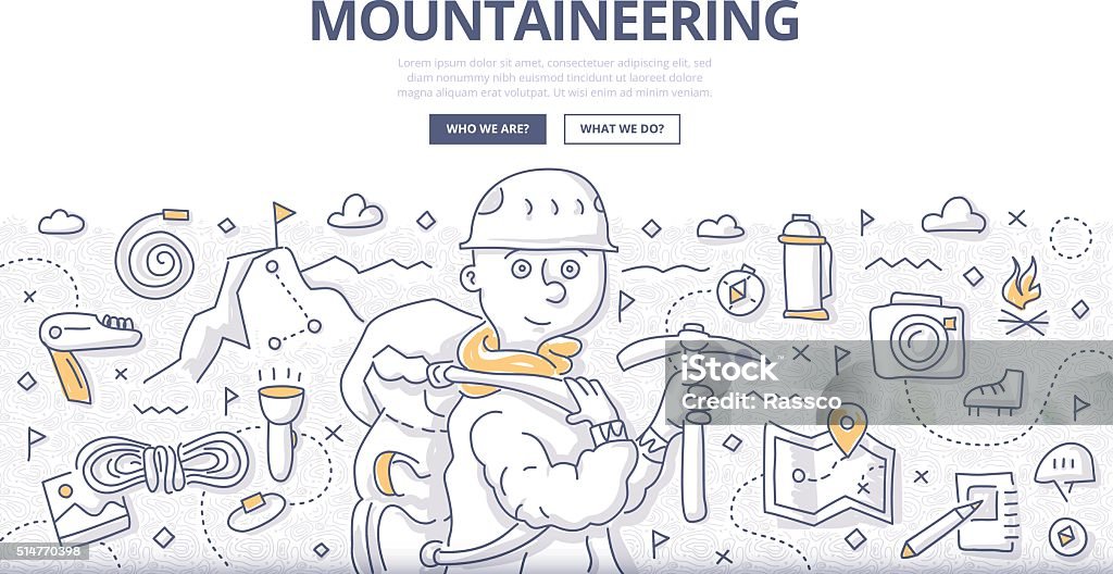 Mountaineering Doodle Concept Doodle vector illustration of mountain exploration, climbing adventure, trekking and outdoor recreation. Concept of mountaineering for web banners, hero images, printed materials Mountain stock vector