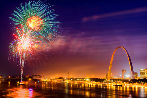 Part of the annual long July 4 weekend celebration in St. Louis, Missouri.  Fireworks shot from a barge in the Mississippi River.