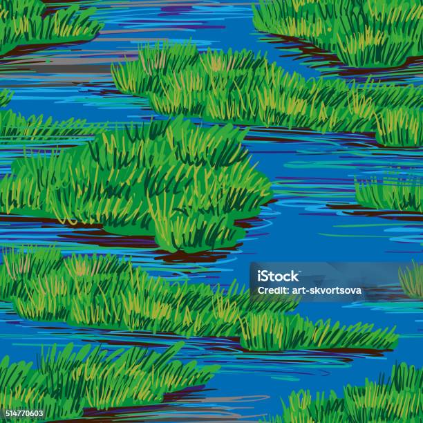 Green Grass Near Blue Water Seamless Pattern Stock Illustration - Download Image Now - Abstract, Agricultural Field, Agriculture