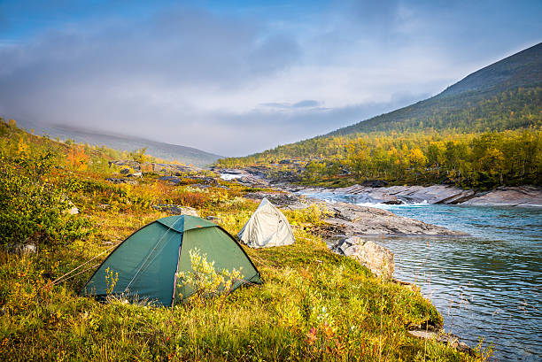 Tents along the Royal Trail in Swedish Lapland stock photo