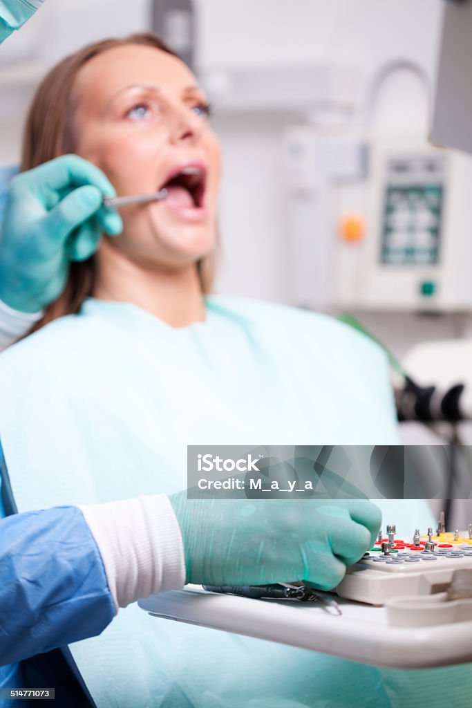 Patient visiting dentist Female patient with open mouth  receiving dental inspection at dentist's office Adult Stock Photo