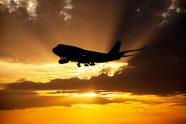 istock Aircraft landing at sunset 514772087