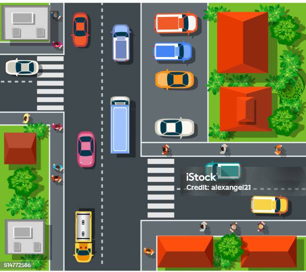 Top View Of Urban Stock Illustration - Download Image Now - Road Intersection, Car, Crossroad