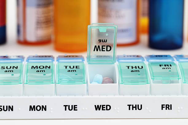 Medicine pill box daily planner and prescription bottles