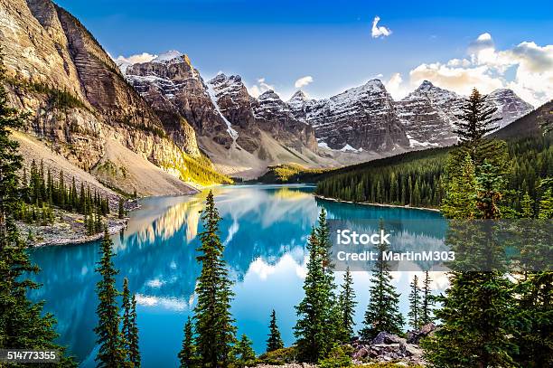 Landscape Sunset View Of Morain Lake And Mountain Range Stock Photo - Download Image Now
