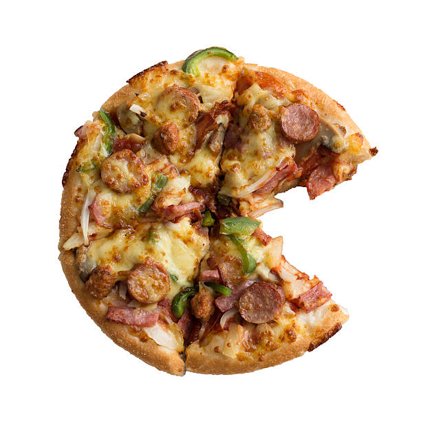 pizza affettato su sfondo bianco - human hand baked food pineapple foto e immagini stock