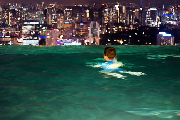 istock Little asian boy swimming in hotel rooftop pool 514773864