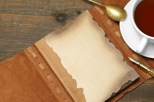 istock Opened Vintage Notebook With Blank Brown Page, Pen, Teacup, Spoo 514774448