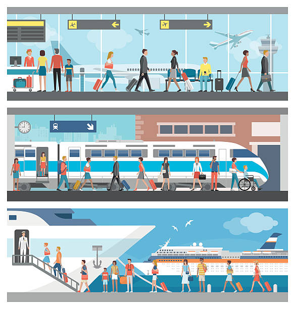 Transportation and travel Transportation and travel banner set: business people and tourists at the airport, at the railway station and boarding on a luxury cruise ship train stations stock illustrations