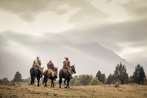 Men and woman sitting on horse and enjoying horse riding, cloudy sky in background.
