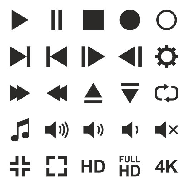 ilustraciones, imágenes clip art, dibujos animados e iconos de stock de vídeos o música o cámara botón iconos - high definition television audio