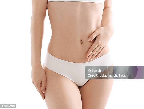 Woman Body Stomach Hand Woman Studio On White Stock Photo - Download Image Now - Abdomen, Women, Flat - Physical Description